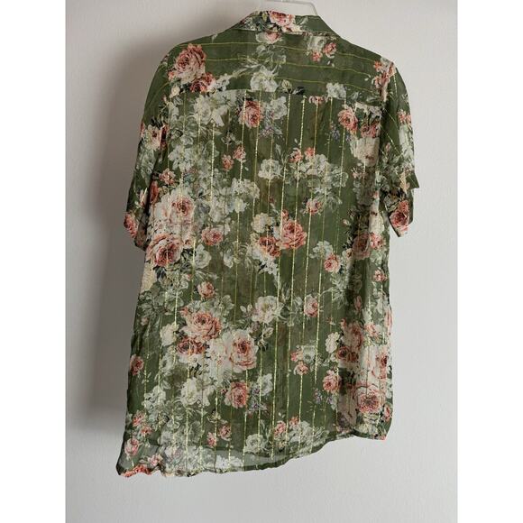 Hemant & Nandita Button Down Short Sleeve Blouse Floral Green L FLAW - Picture 2 of 12